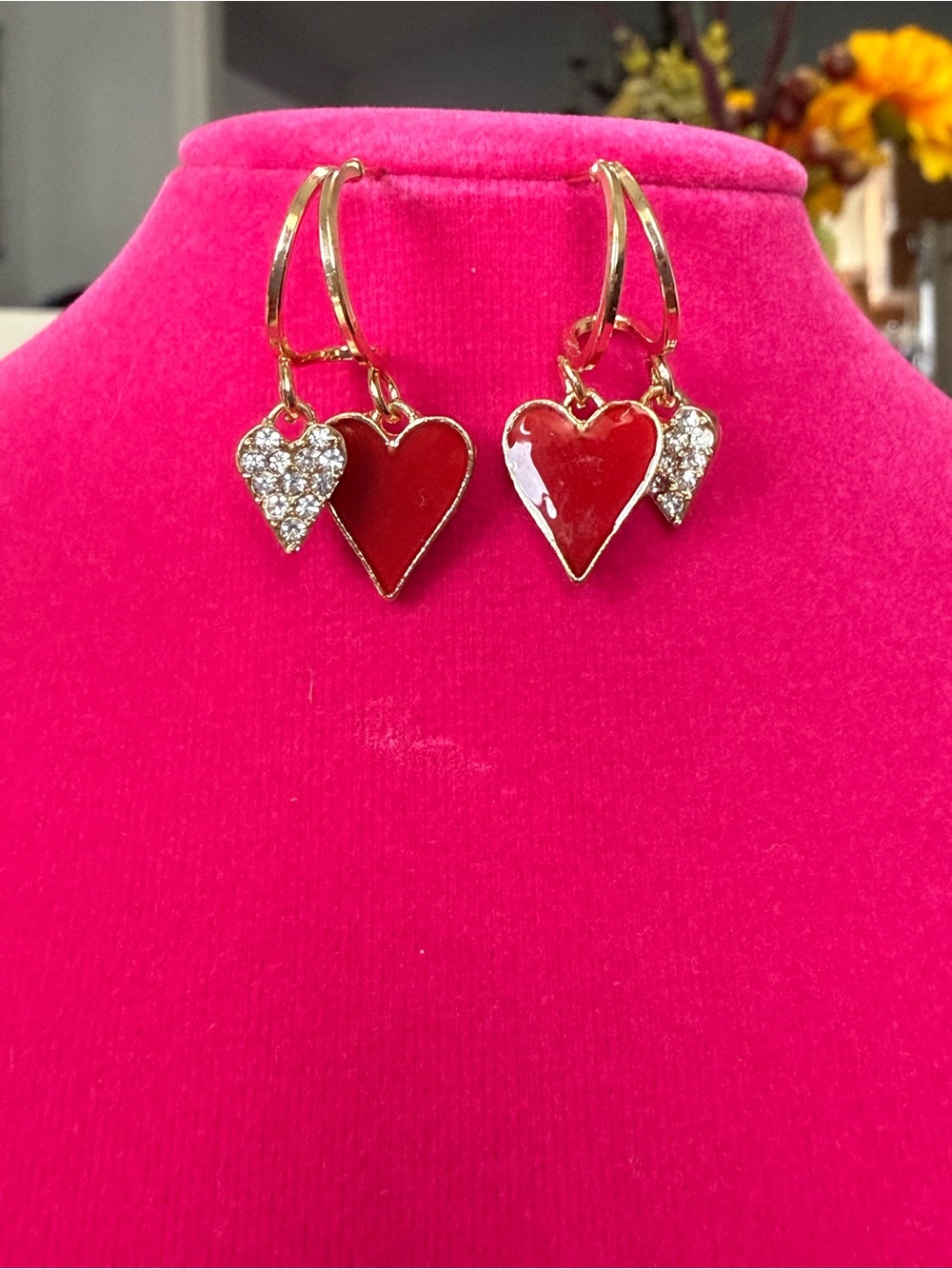 Gold-Tone Red Heart Drop Earrings with Crystal Accent